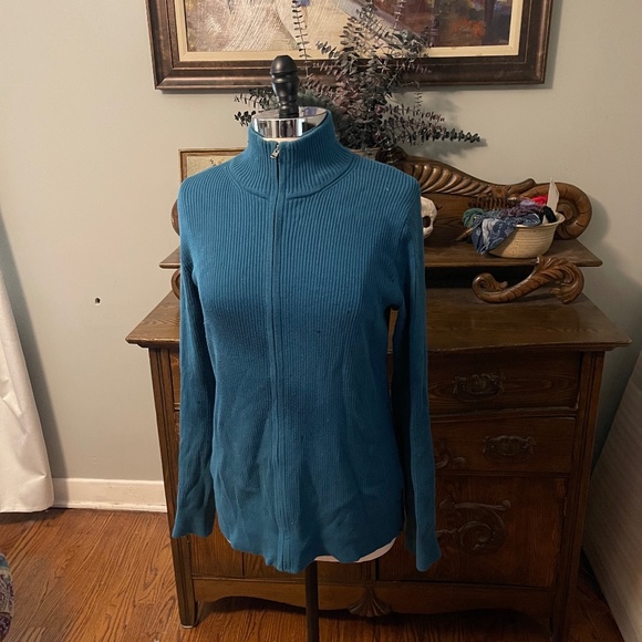 EDDIE BAUER TALL XL WOMEN’S COTTON ZIP MOCK TURTLE TEAL SWEATER - Picture 5 of 5